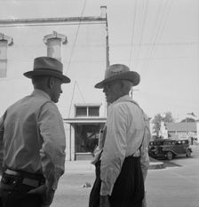 Possibly: Williamette Valley hop farmers in town hold their..., Independence, Oregon, 1939. Creator: Dorothea Lange