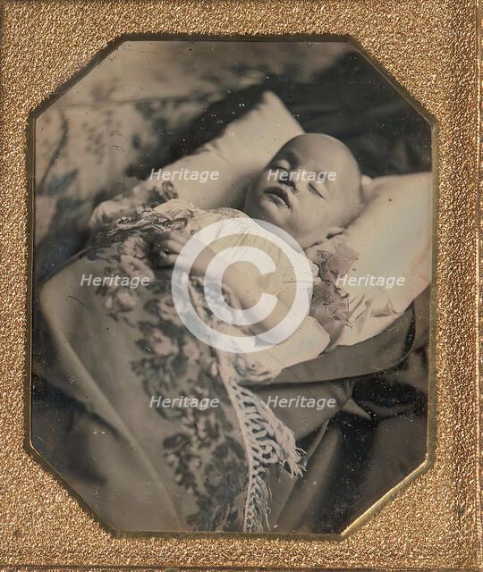 Postmortem Baby, Partially Covered by a Flowered Shawl with a Fringe Hem, 1840s. Creator: Unknown.