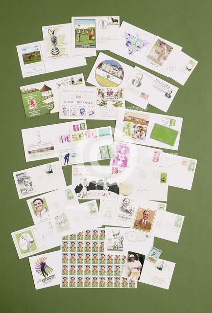 Postage stamps and covers with a golfing theme, 20th century. Creator: Unknown.