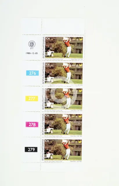 Postage stamps bearing a picture of the South African golfer Gary Player, Bophuthatswana, 1980. Creator: Unknown.
