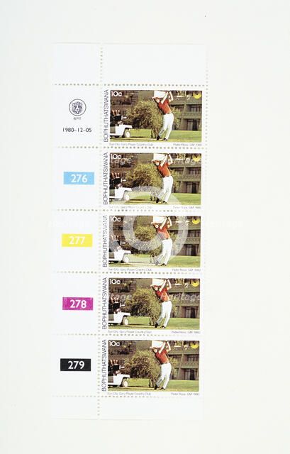 Postage stamps bearing a picture of the South African golfer Gary Player, Bophuthatswana, 1980. Artist: Unknown