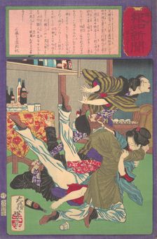Postal Hochi Newspaper no. 645, Englishman raping a wine shopkeeper's daughter (Yu..., August, 1875. Creator: Tsukioka Yoshitoshi