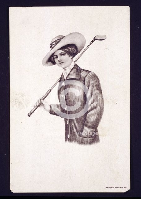 Postcard of woman holding golf club, c1900. Creator: Unknown.