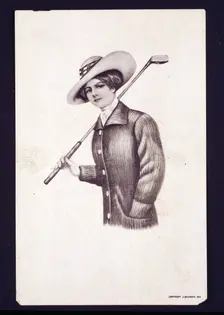 Postcard of woman holding golf club, c1900. Creator: Unknown