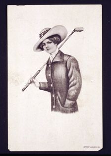 Postcard of woman holding golf club, c1900. Creator: Unknown