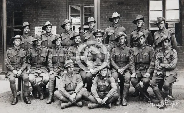 Postcard of unidentified group of soldiers, signed on the front by Fred Wright, Andover. Creator: Murphy.