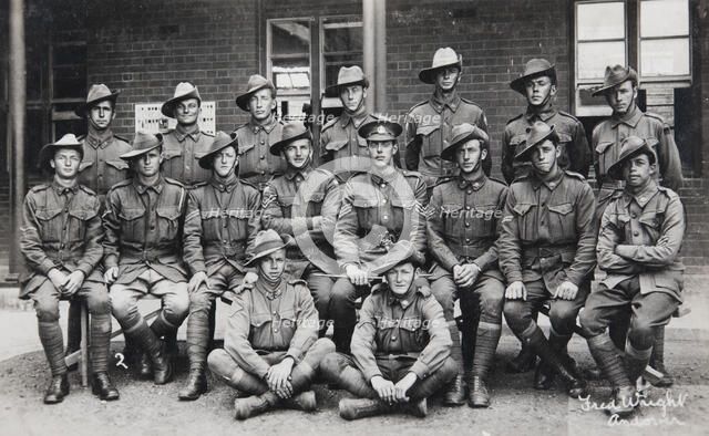 Postcard of unidentified group of soldiers, signed on the front by Fred Wright, Andover. Creator: Murphy.