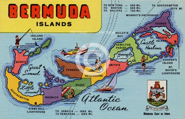 Postcard map of Bermuda, 1940. Artist: Unknown