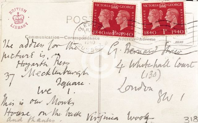Postcard sent from Virginia Woolf to George Bernard Shaw, 1940. Creator: Virginia Woolf.