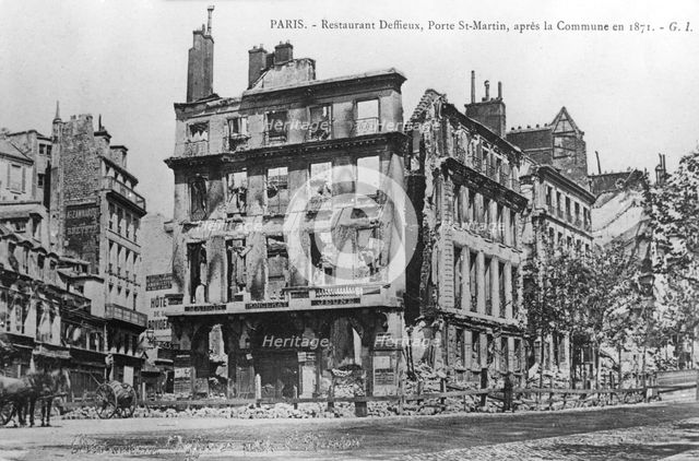 Postcard showing damage to Deffieux Restaurant, Porte St.-Martin, after the 1871 Paris Commune. Artist: Unknown