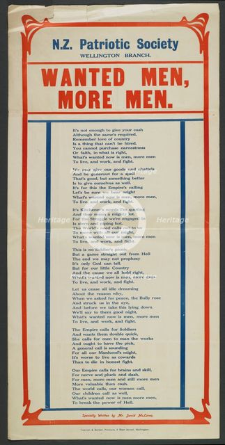 Poster, 'N.Z. Patriotic Society',  1915-1916. Creator: Yeoman & Barker.