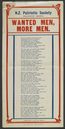 Poster, N.Z. Patriotic Society 1915-1916. Creator: Yeoman & Barker