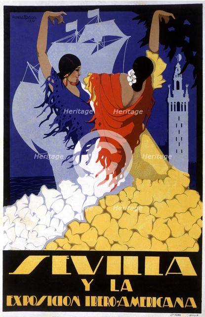 Poster of the Ibero-American Exhibition, held in Seville between 1929 - 1930, drawin by Romero Es…