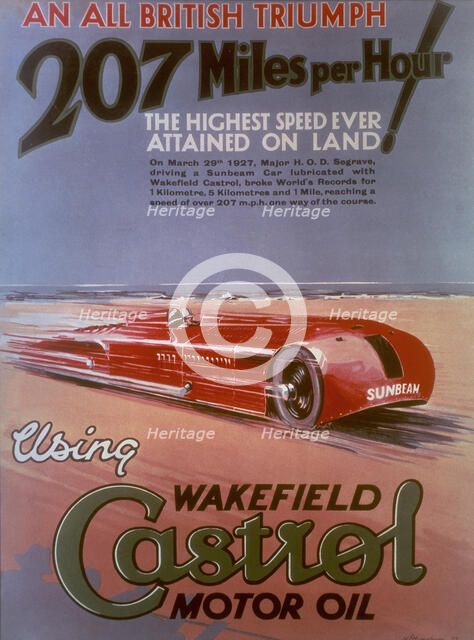 Poster advertising Castrol, featuring a Sunbeam car, (c1927?). Artist: Unknown