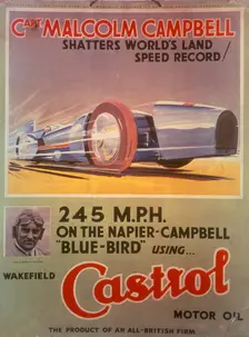 Poster advertising Castrol oil, featuring Bluebird and Malcolm Campbell, early 1930s