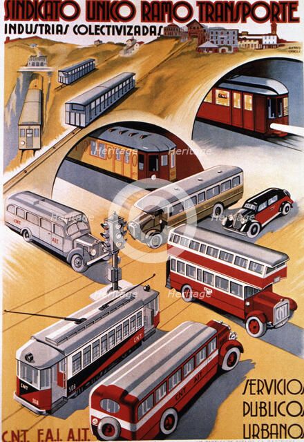 Poster advertising the urban public services, published by CNT and FAI during the years of the Se…