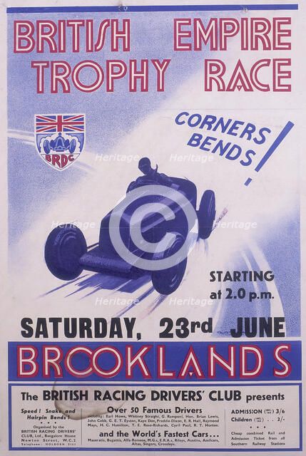 Poster advertising the British Empire Trophy Race, Brooklands, Surrey. Artist: Unknown