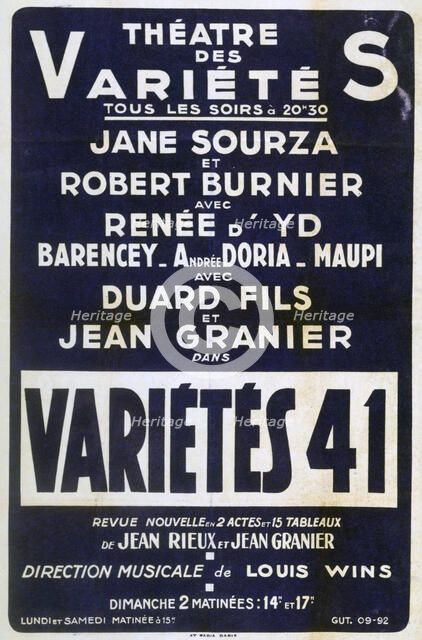 Poster advertising 'Variétés 41' variety show, France, 1941. Artist: Unknown