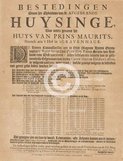 Poster Announcing a Call for Tenders for the Reconstruction of the Mauritshuis. Creator: Paulus Scheltus.