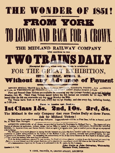 Poster by Midland Railway Company for the Great Exhibition of 1851 at Hyde Park, 1851. Creator: Anonymous.