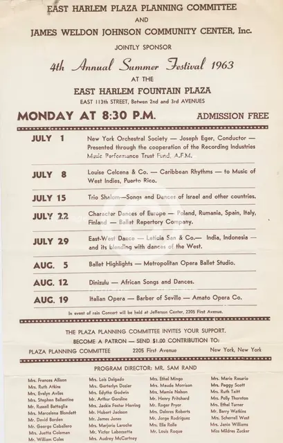 Poster for the 4th Annual Summer Festival at the East Harlem Fountain Plaza, c1963. Creator: James Weldon Johnson Community Center.