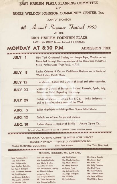 Poster for the 4th Annual Summer Festival at the East Harlem Fountain Plaza, c1963. Creator: James Weldon Johnson Community Center.