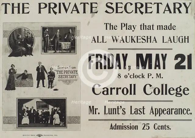 Poster for the Carroll College stage production The Private Secretary starring Alfred Lunt., 1907. Creator: Unknown.