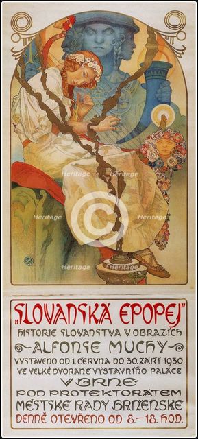 Poster for the exhibition The Slav Epic (Slovanská epopej), 1928. Artist: Mucha, Alfons Marie (1860-1939)