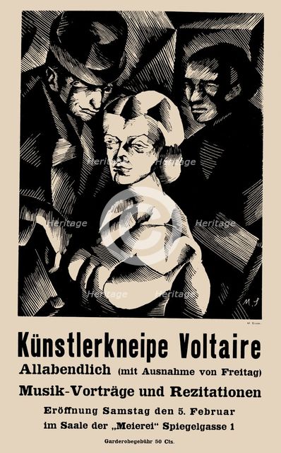 Poster for the opening of the Cabaret Voltaire on 1916-02-05, 1916.