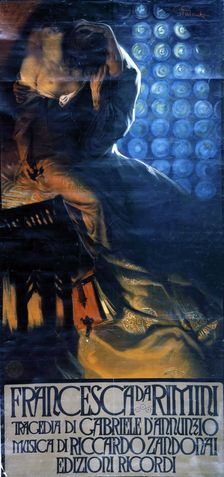 Poster for the opera "Francesca da Rimini" by Riccardo Zandonai, 1914. Creator: Palanti, Giuseppe (1881-1946)