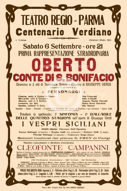 Poster for the opera Oberto conte di San Bonifacio by Giuseppe Verdi in Teatro Regio di Parma, 1913.