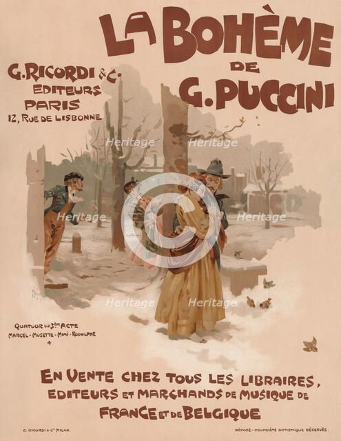 Poster for the opera La Bohème by Giacomo Puccini, 1895. Creator: Hohenstein, Adolfo (1854-1928).