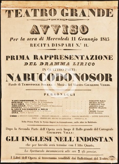 Poster for the opera Nabucco by Giuseppe Verdi in Teatro Grande on 11 January 1843, 1843.