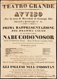 Poster for the opera Nabucco by Giuseppe Verdi in Teatro Grande on 11 January 1843, 1843