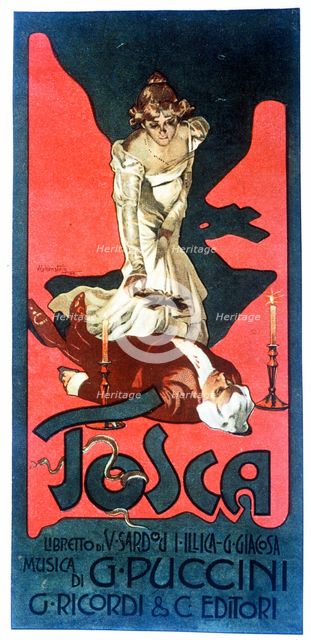 Poster for the Opera Tosca by Giacomo Puccini, 1900. Creator: Hohenstein, Adolpho (1854-1928).