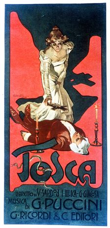 Poster for the Opera Tosca by Giacomo Puccini, 1900. Creator: Hohenstein, Adolpho (1854-1928)