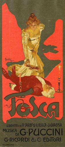 Poster for the Opera Tosca by G. Puccini, 1899. Creator: Hohenstein, Adolfo (1854-1928)