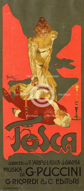 Poster for the Opera Tosca by G. Puccini, 1899. Creator: Hohenstein, Adolfo (1854-1928).