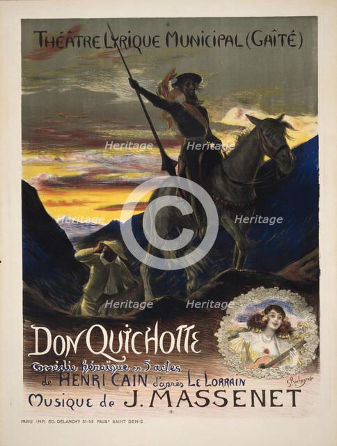 Poster for the Paris prèmiere of the opera Don Quichotte by Jules Massenet , 1910. Creator: Rochegrosse, Georges Antoine (1859-1938).