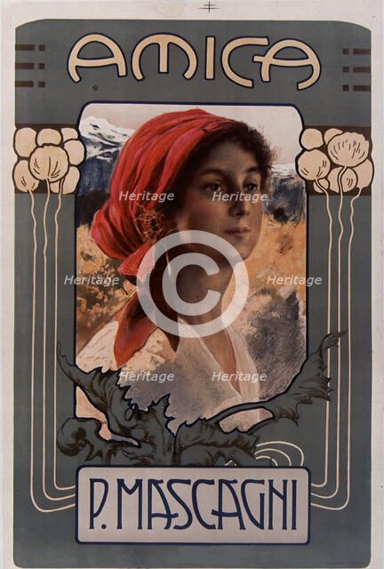 Poster for the première of the opera Amica by Pietro Mascagni, 1905. Creator: Anonymous.