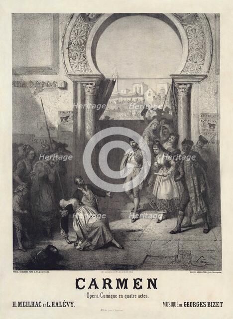 Poster for the première of the opera Carmen by Georges Bizet, 1875. Creator: Leray, Prudent-Louis (1820-1879).