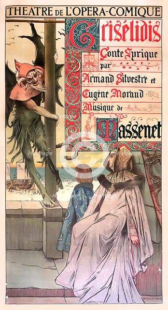 Poster for the premiere of the Opera Grisélidis by Jules Massenet  , 1891. Creator: Flameng, François (1856-1923).