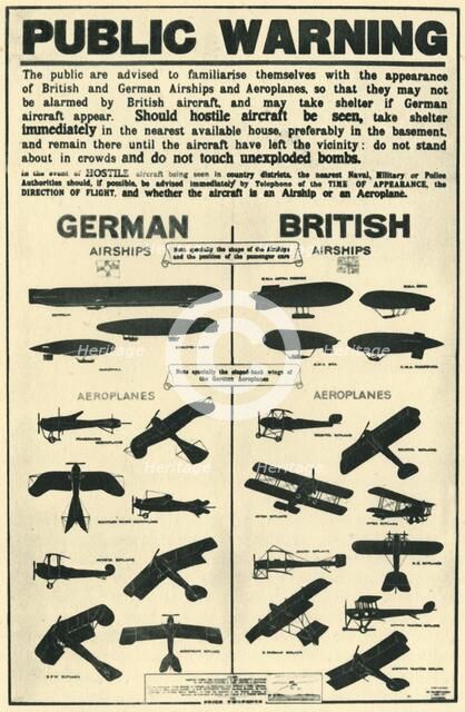 Poster showing types of British and German aircraft, 1915, (1944).  Creator: Unknown.