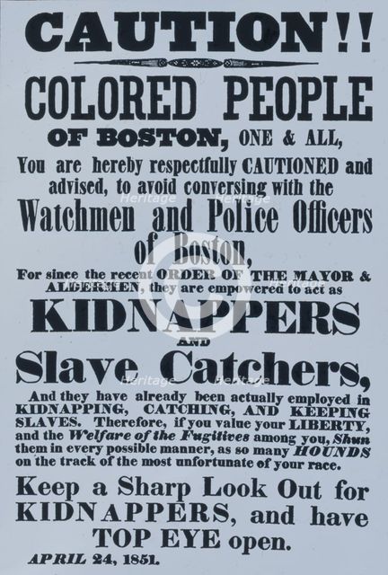 Poster warning Blacks in Boston of kidnappers, 1851. Creator: Unknown.