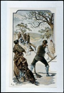 Poster with popular scene, game of barbell shooting practiced in Alto Aragón, 1898. Creator: Tusell, J.