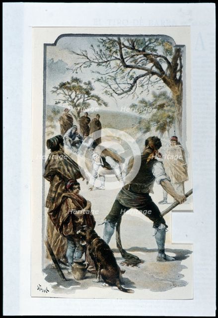 Poster with popular scene, game of 'barbell shooting' practiced in Alto Aragón, 1898. Creator: Tusell, J..