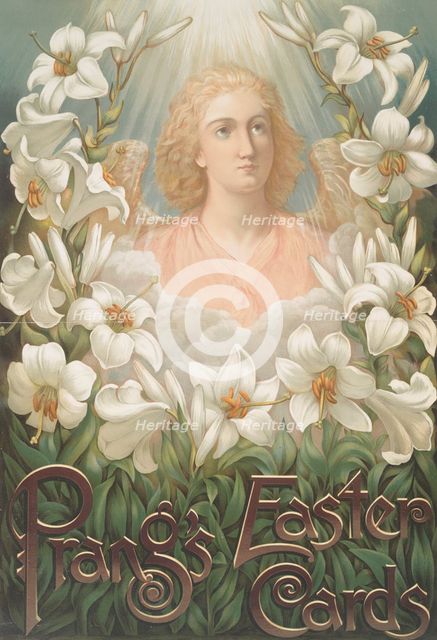 Poster with the following text, "Prang's Easter Cards", depicting an angel and lilies., c1865 - 1899 Creator: Louis Prang.