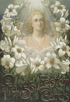 Poster with the following text, "Prang's Easter Cards", depicting an angel and lilies., c1865 - 1899 Creator: Louis Prang