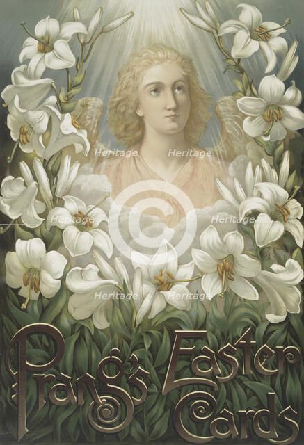 Poster with the following text, "Prang's Easter Cards", depicting an angel and lilies., c1865 - 1899 Creator: Louis Prang.