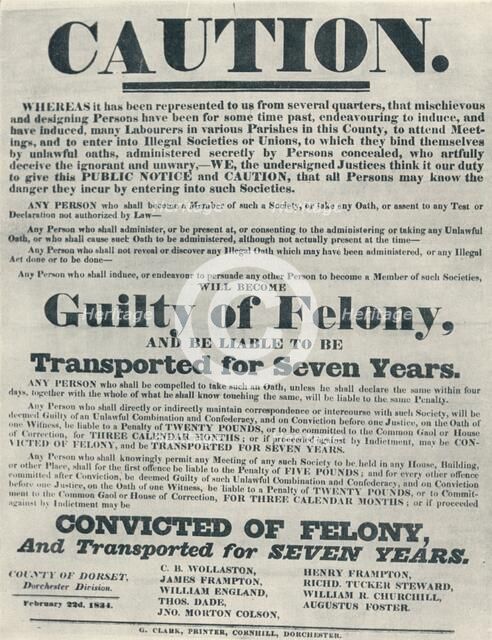 Posters warning those guilty of illegal oaths were liable to deportation', (1834), 1934.. Artist: Unknown